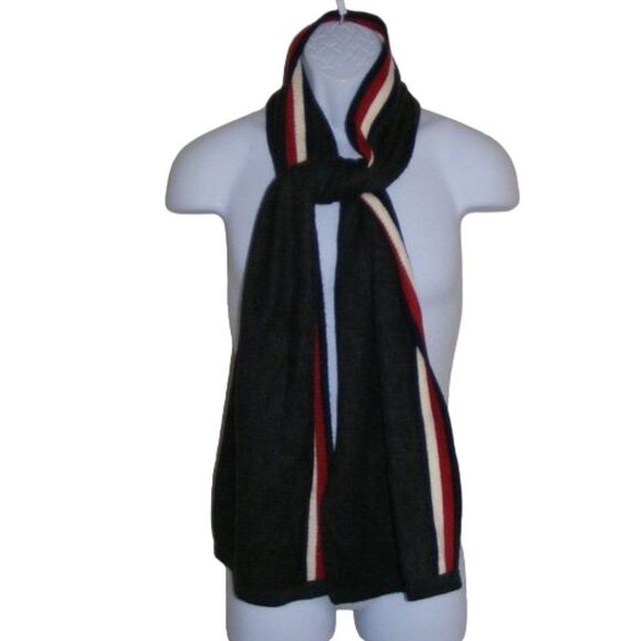 TOMMY HILFIGER Scarf, Charcoal Gray Acrylic, Red/White Stripe accent, Bar logo - Picture 1 of 8